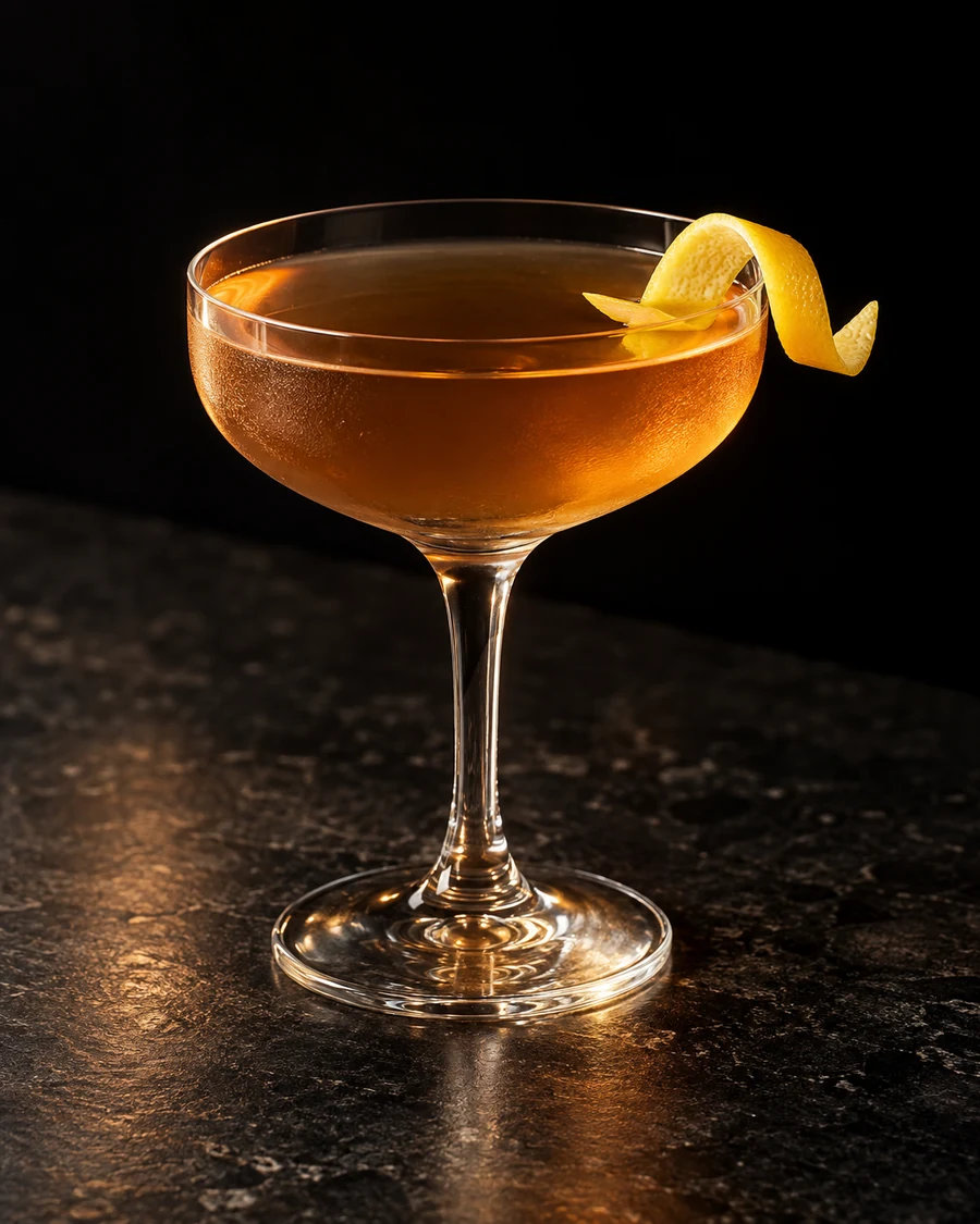 Two O'clock At The Metropole: Golden amber drink in a coupe, lemon twist and no serving ice.