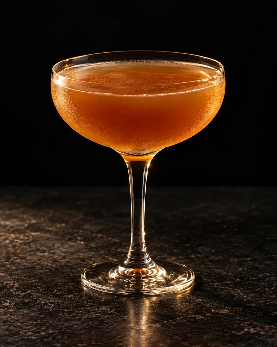 Two Roads Diverged: Golden brown shaken drink in coupe, no garnish or ice.