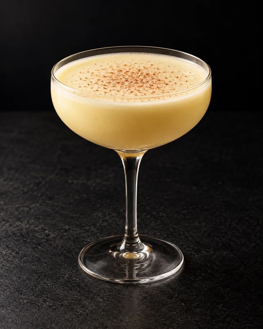 opaque pale cream-yellow Tyrol in a coupe with nutmeg dusting, no ice.