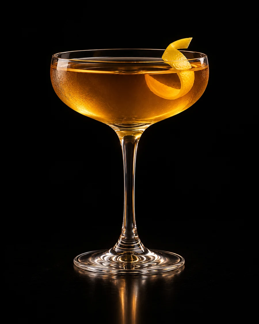 Undercover Angel: Clear golden-amber cocktail in a coupe with a curled lemon twist, served without ice against a black background.