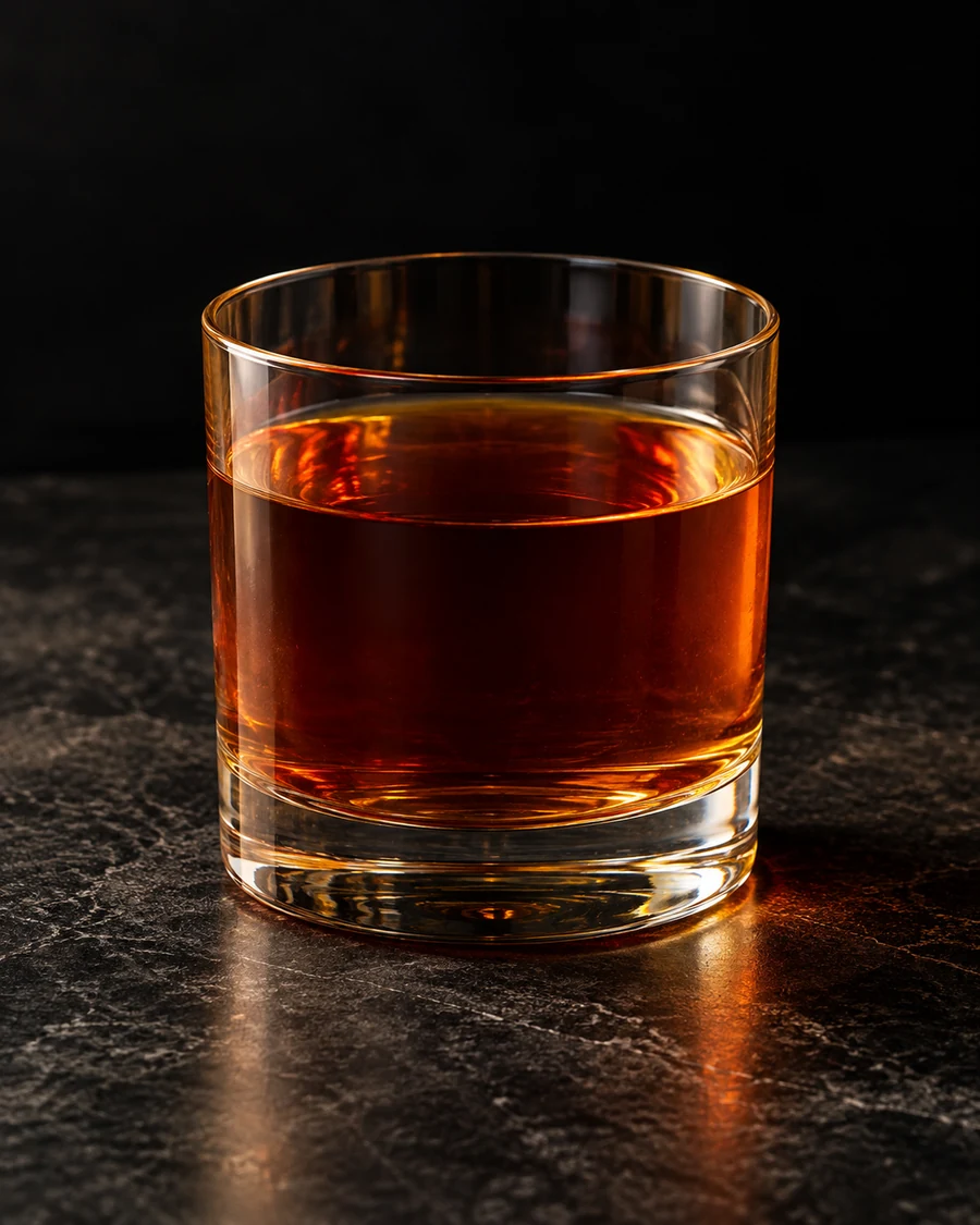 Up Jumped The Devil: Deep copper-amber cocktail in a rocks glass, served without ice or garnish.