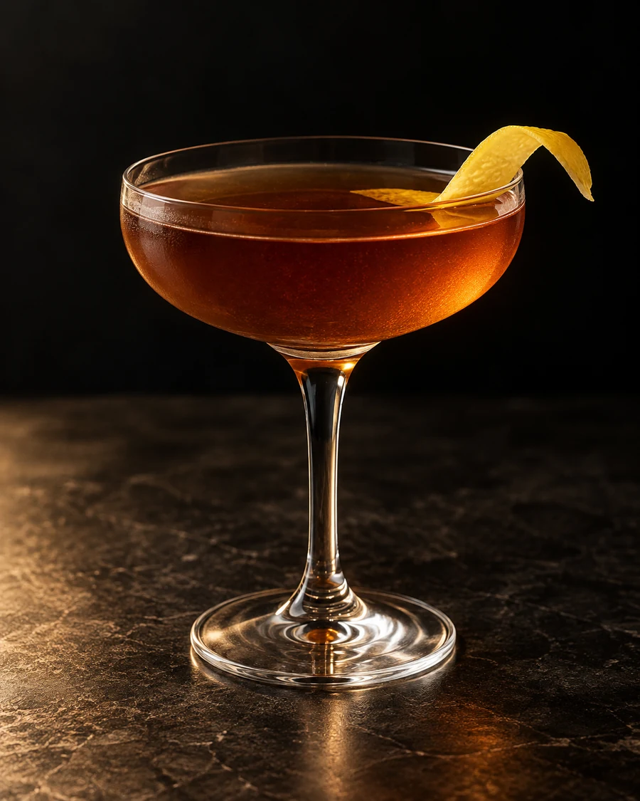 Vaquero: Amber-brown drink in coupe, lemon twist and no ice.