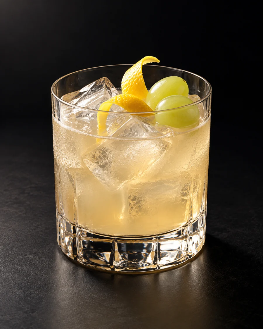 ve.N.To served in a rocks glass with a lemon twist and two white grapes