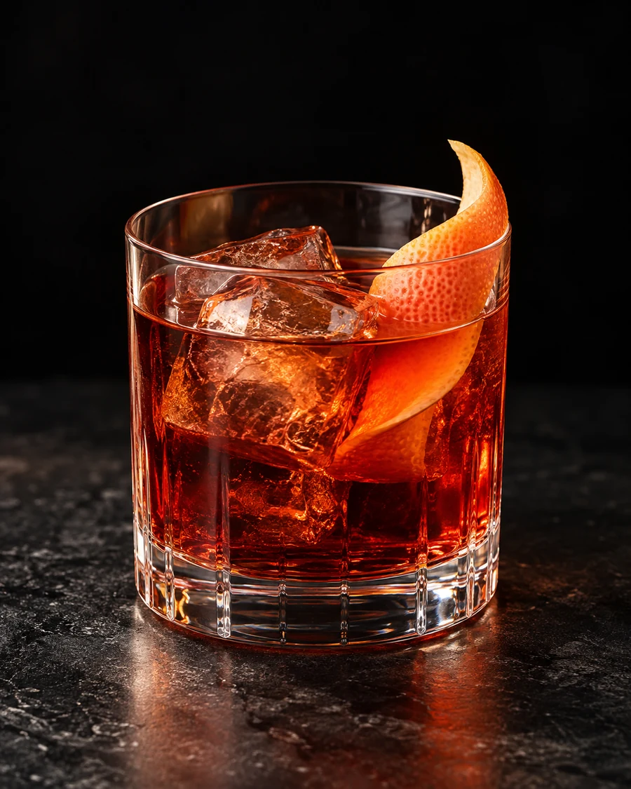 Veneto Negroni: Ruby red drink in rocks glass, fresh cubed ice and grapefruit twist.