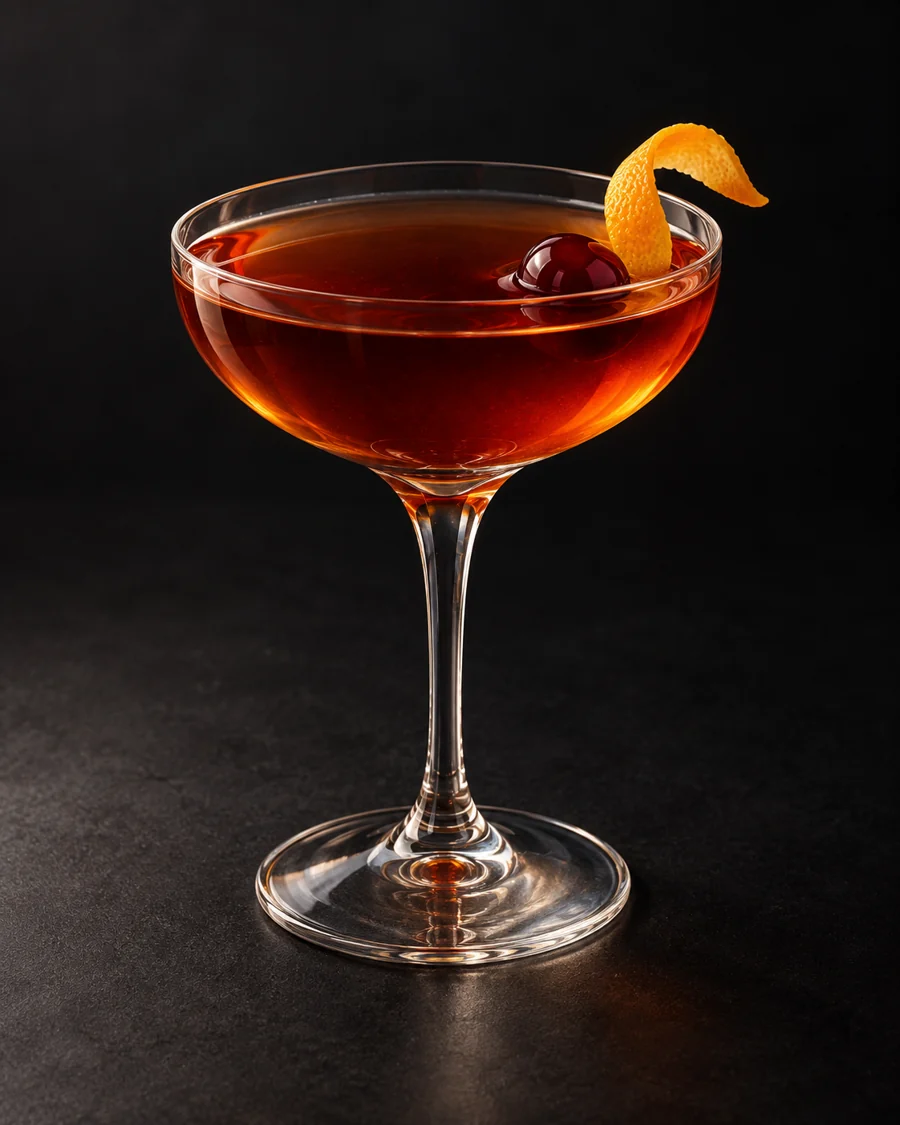 vieux Carré served in a coupe glass with an orange twist and cocktail cherry