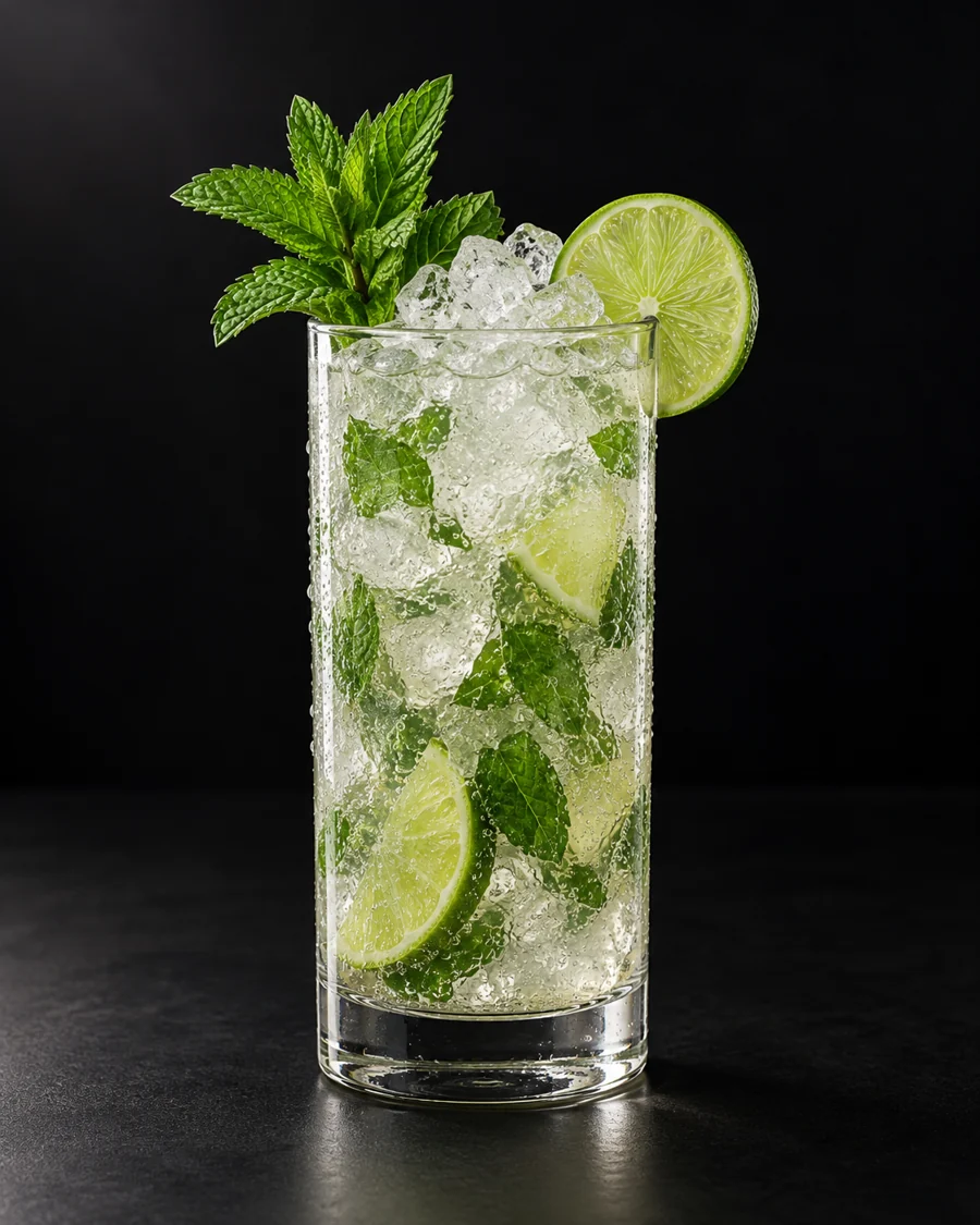 an alcohol-free Virgin Mojito in a highball glass with crushed ice, fresh mint and lime against a black background.