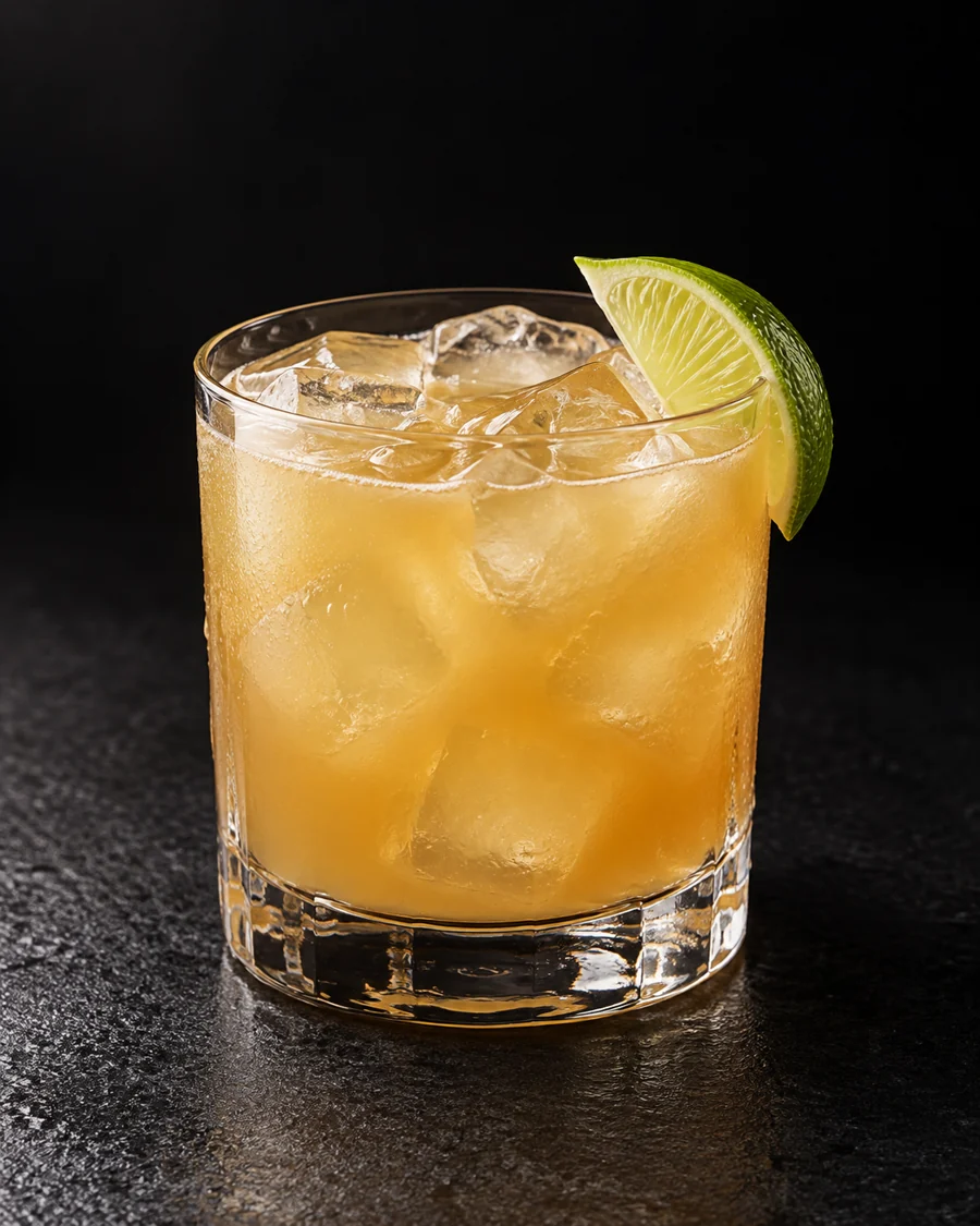 cloudy golden Voyager over ice cubes in a rocks glass with lime wedge.