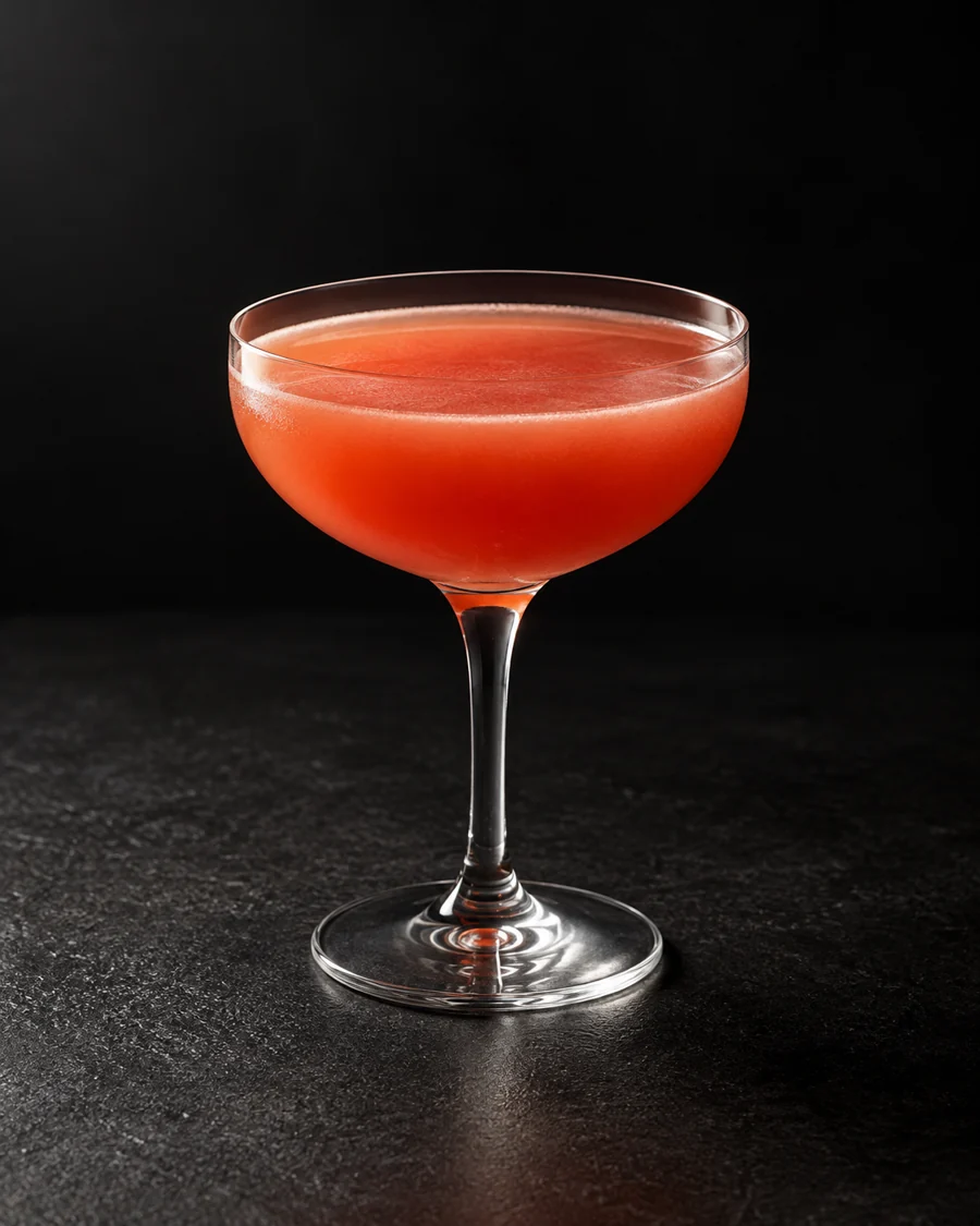 Cloudy orange-red cocktail in a coupe with no ice and no garnish.