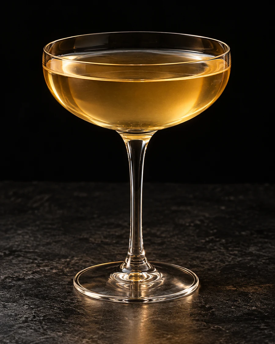 Washington in a coupe, served without ice, ungarnished, against a black background.