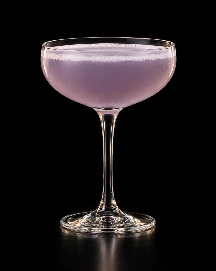 Water Lilly in a coupe, serve without ice, with no garnish, against a black background.