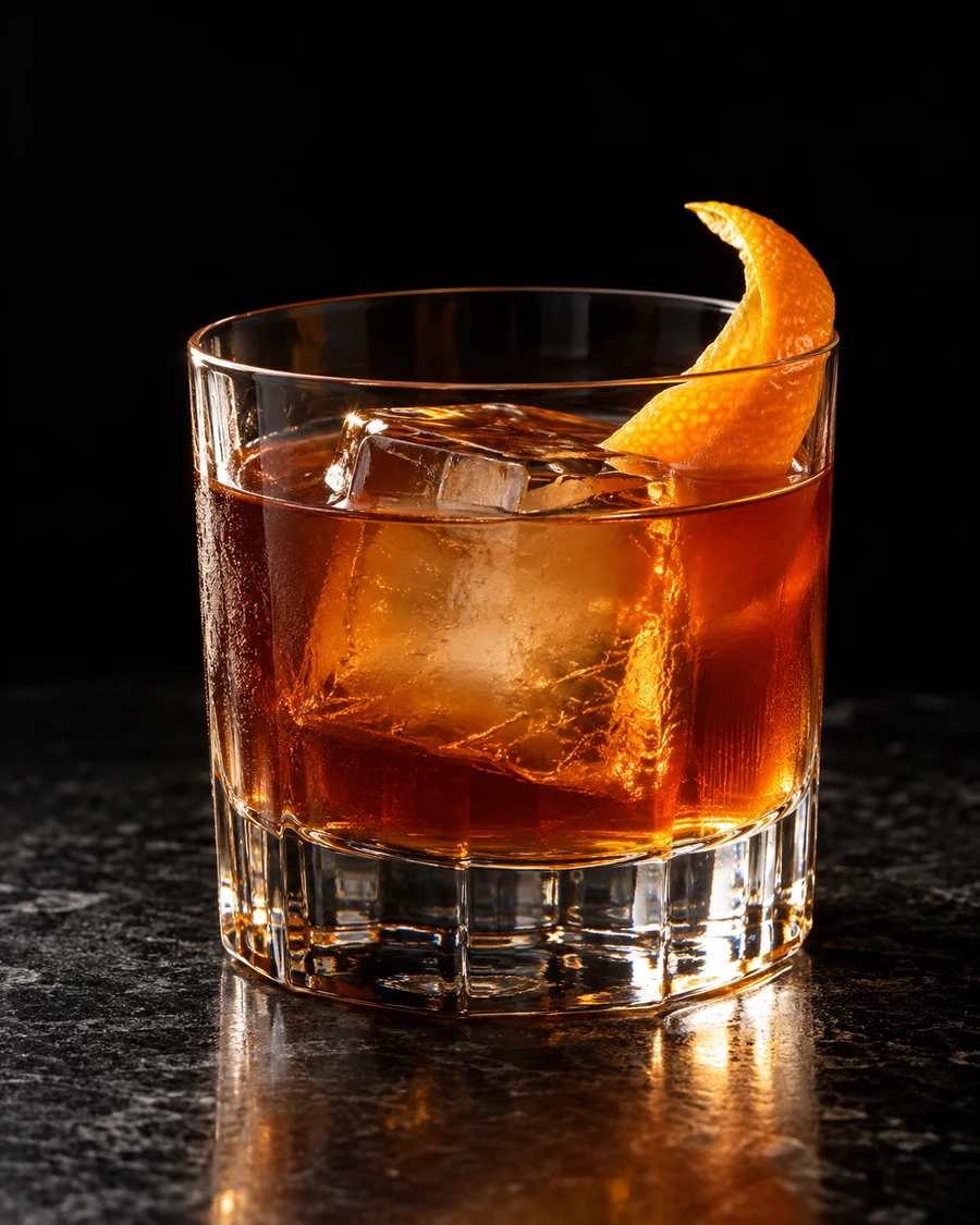 Wayward Son. Rocks glass with a deep amber rum-scotch drink, one large clear ice cube and an orange peel.