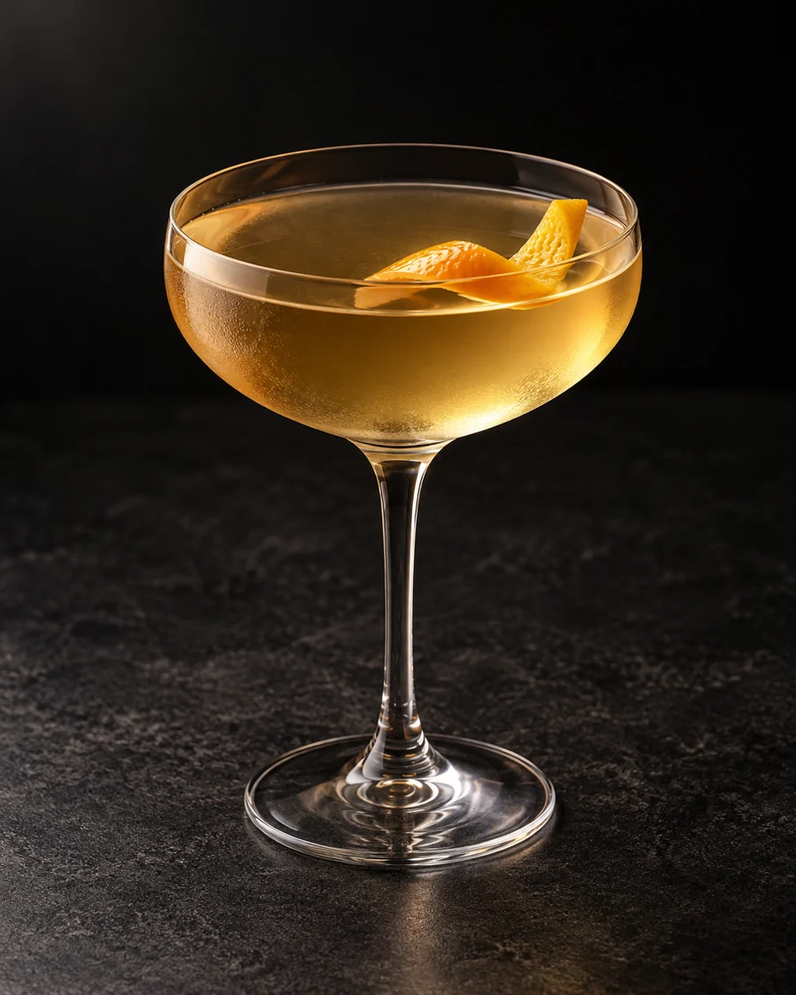 clear pale golden Weeski in a coupe with orange twist, no ice.