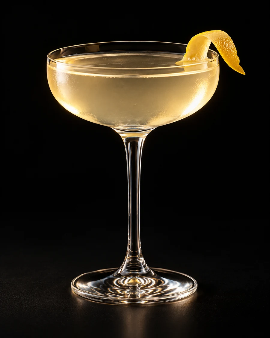 When in Roma in a coupe, serve without ice, with Lemon Zest, against a black background.