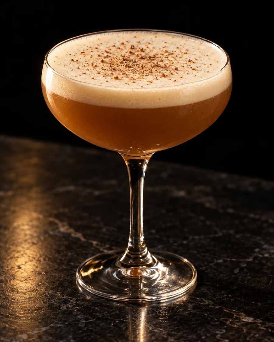 Whiskey Fig Flip. Coupe glass with a rich amber fig-whiskey flip, creamy egg foam, a light nutmeg dusting and no ice.