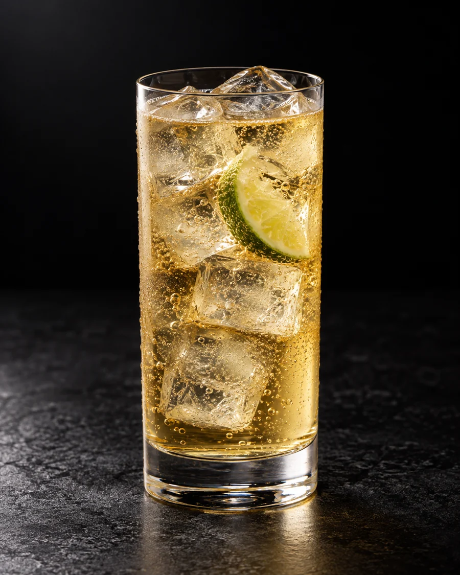 Pale golden highball over cubed ice with one squeezed lime wedge in the glass.
