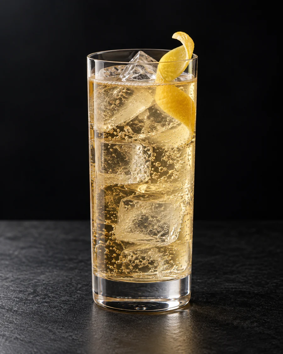 Pale gold transparent highball with bubbles, cubed ice and lemon peel.