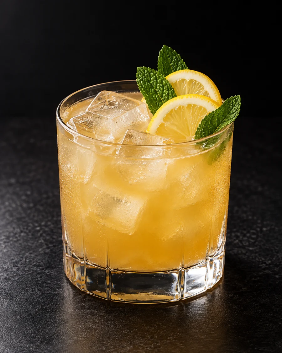 Golden cloudy cocktail over cubed ice in a rocks glass, mint leaves and two lemon slices.