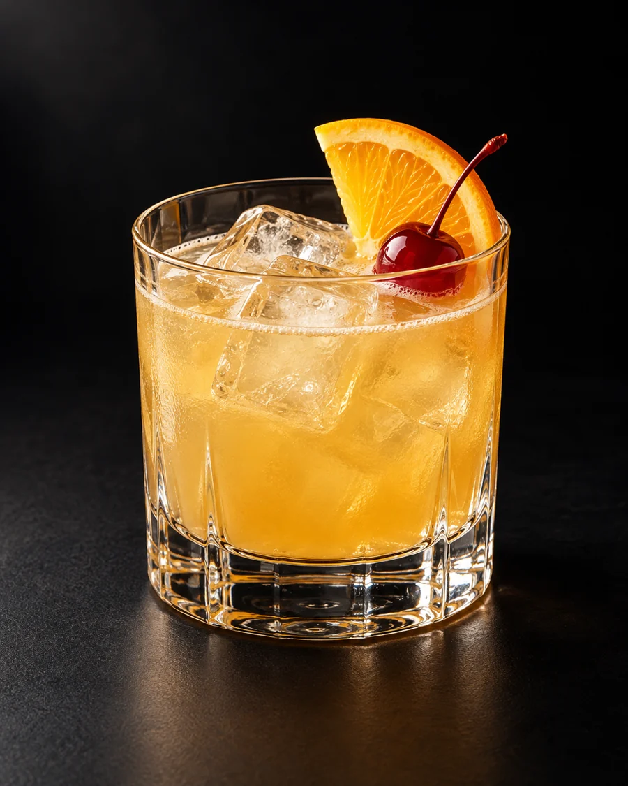 Whiskey Sour served in a rocks glass with half an orange slice and a cocktail cherry against a black background.