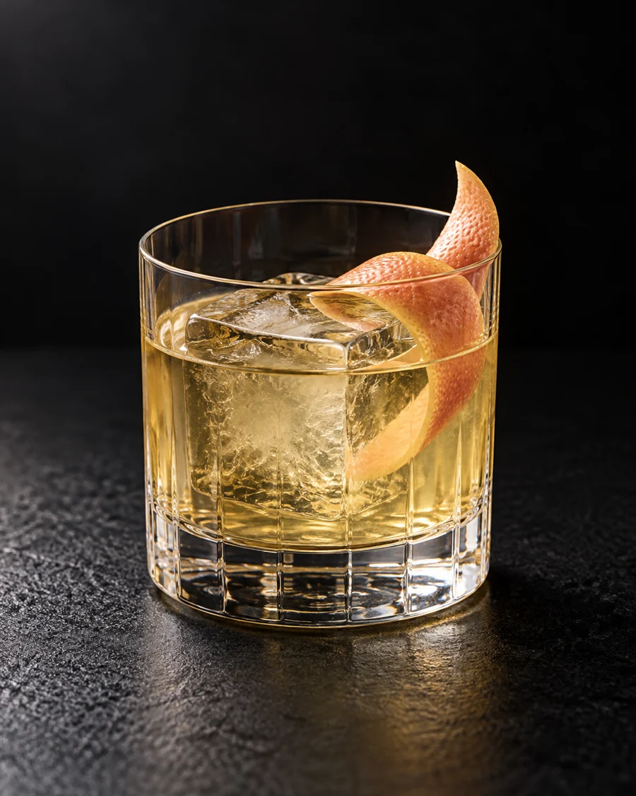 Pale golden White Negroni over a large clear cube in a rocks glass with a grapefruit twist.