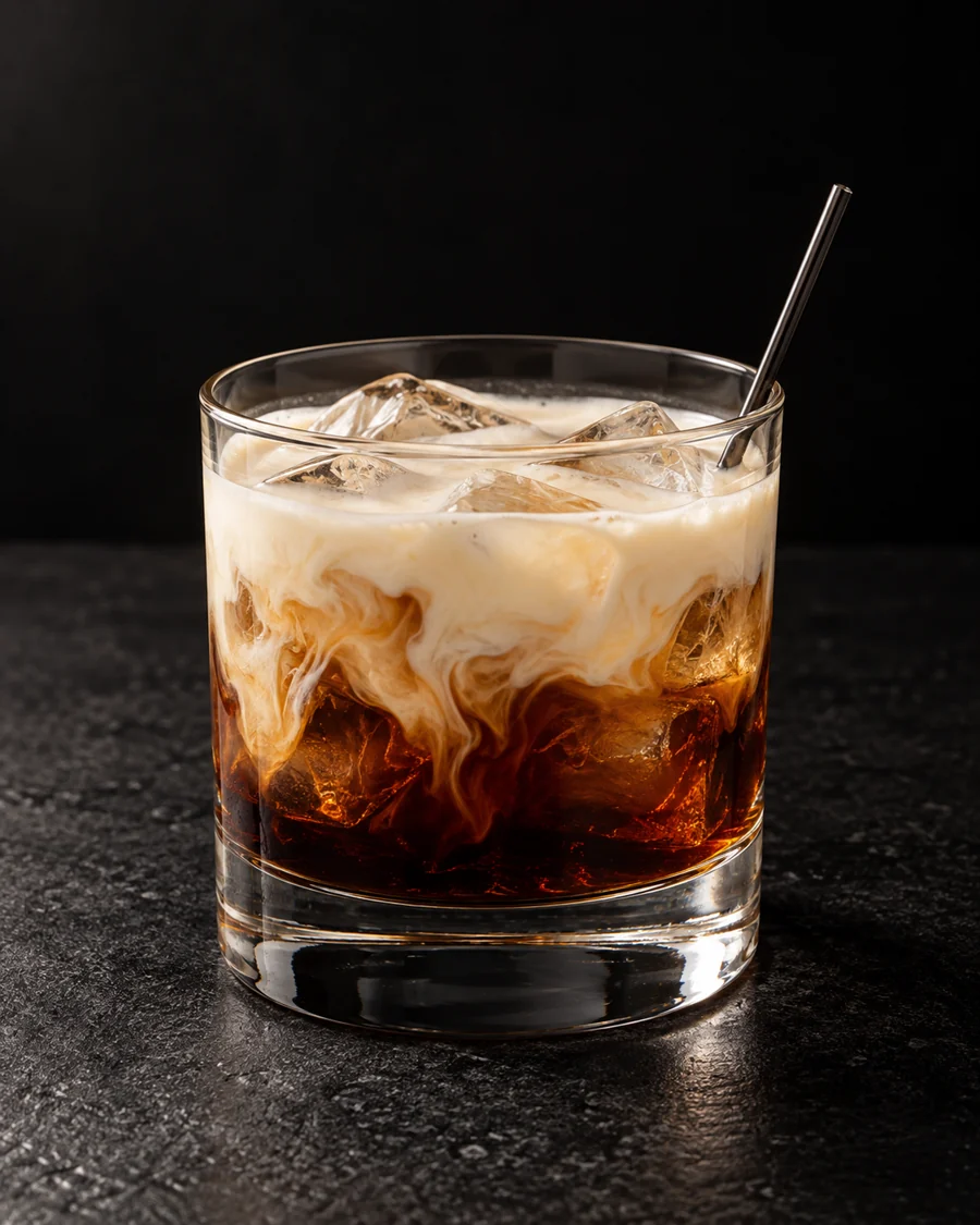 White Russian in a rocks glass over ice, dark coffee layer beneath a pale cream layer, no garnish.