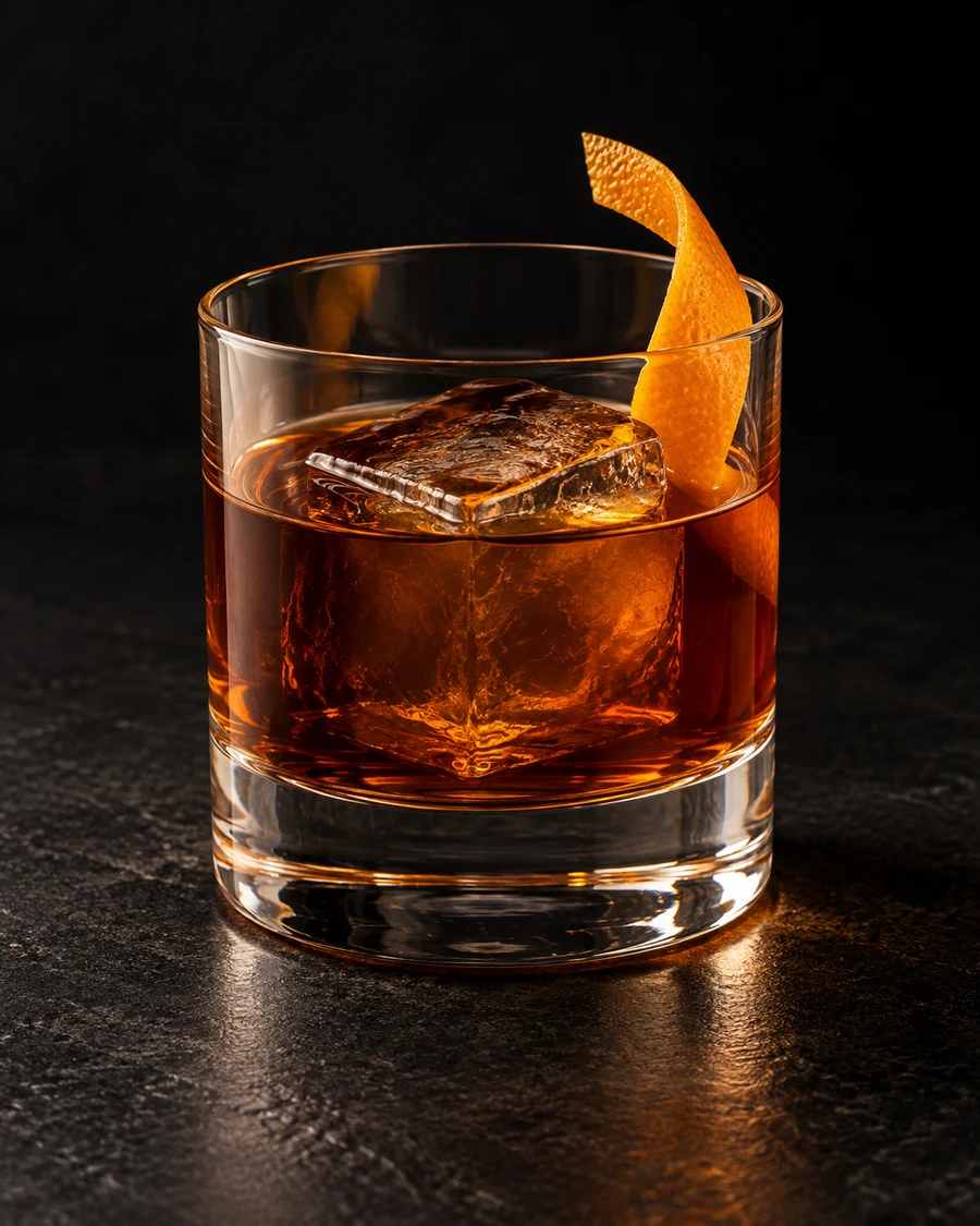Why Don't You Do Right in a rocks glass, over one large ice cube, with orange twist, against a black background.