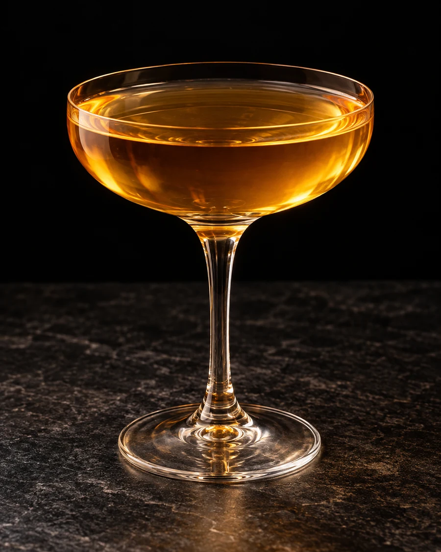 Widow's Kiss in a coupe, served without ice, ungarnished, against a black background.