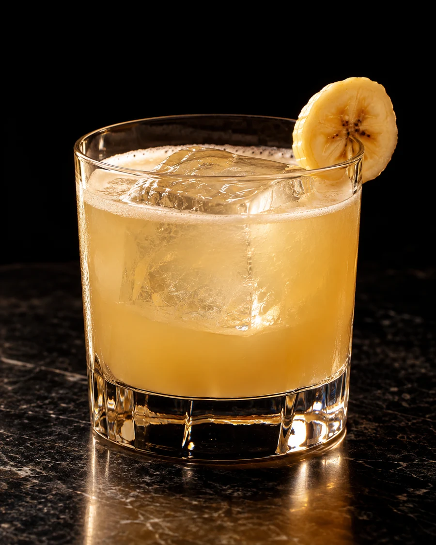 Without Faculty. Rocks glass, single large ice cube, pale golden cloudy coconut-water body and banana slice.
