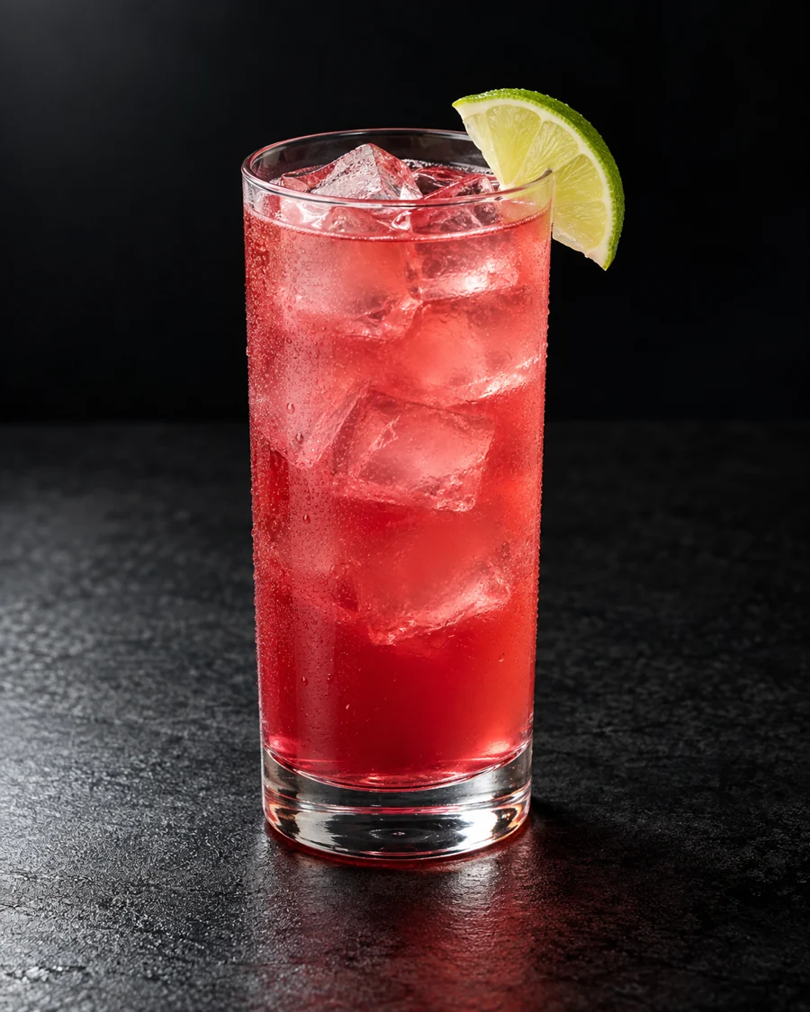 Pink-red Woo Woo over ice in a highball, finished with a lime wedge.