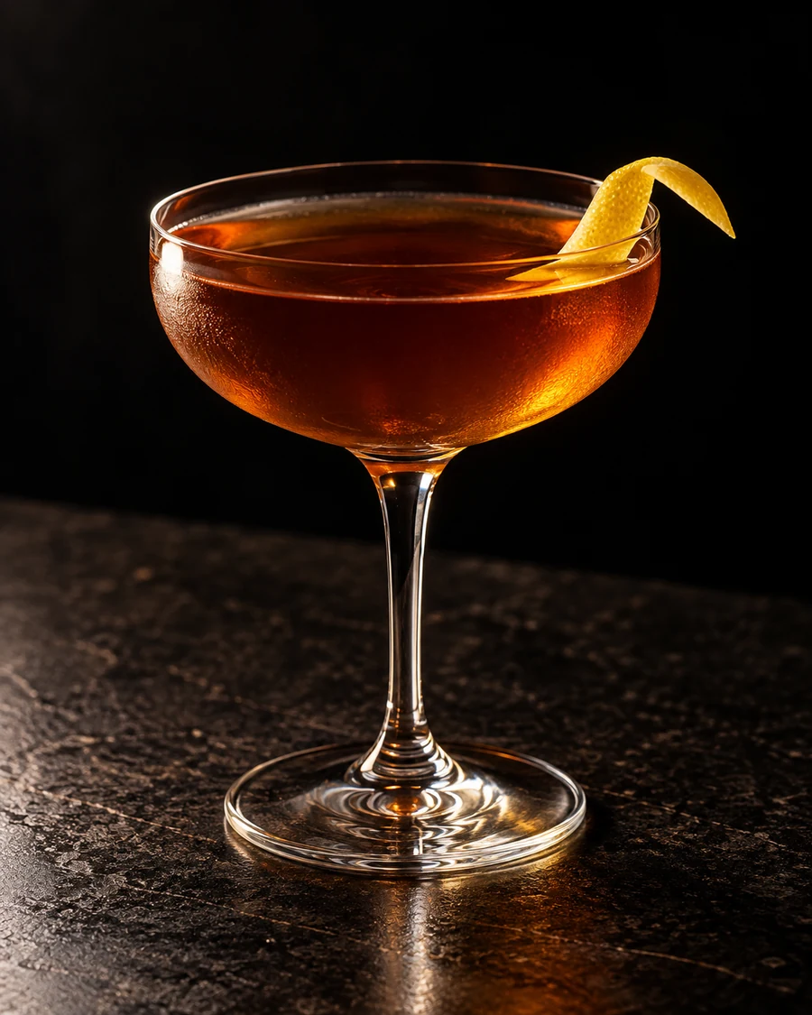 Wooden Shoe: Deep amber cocktail in a chilled coupe without ice, with a lemon twist.