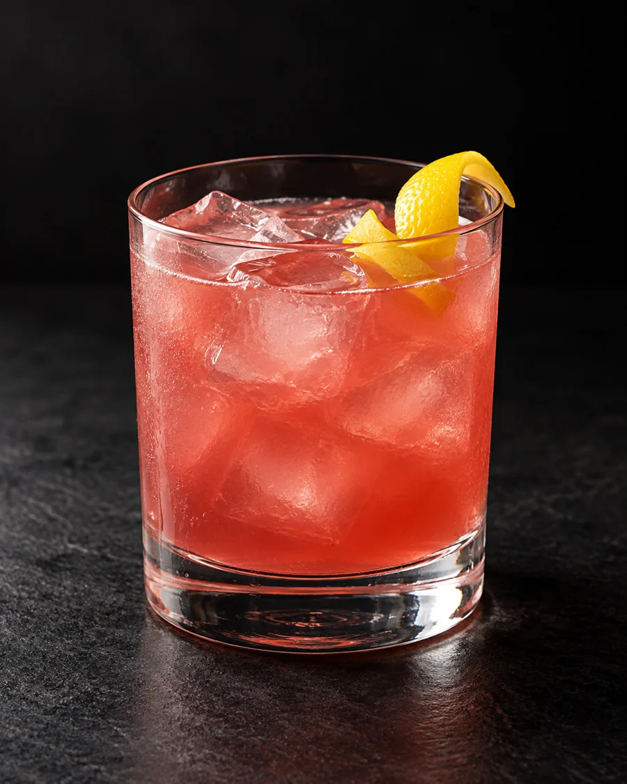 Pink-red bourbon drink in a rocks glass over cubed ice with a lemon twist.