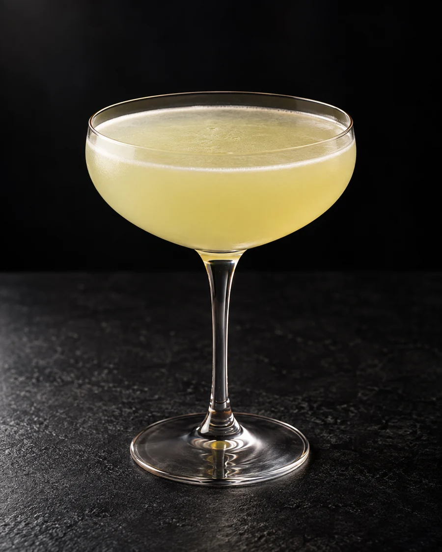 pale cloudy yellow-green Woodsman Sour in a coupe without ice or garnish.