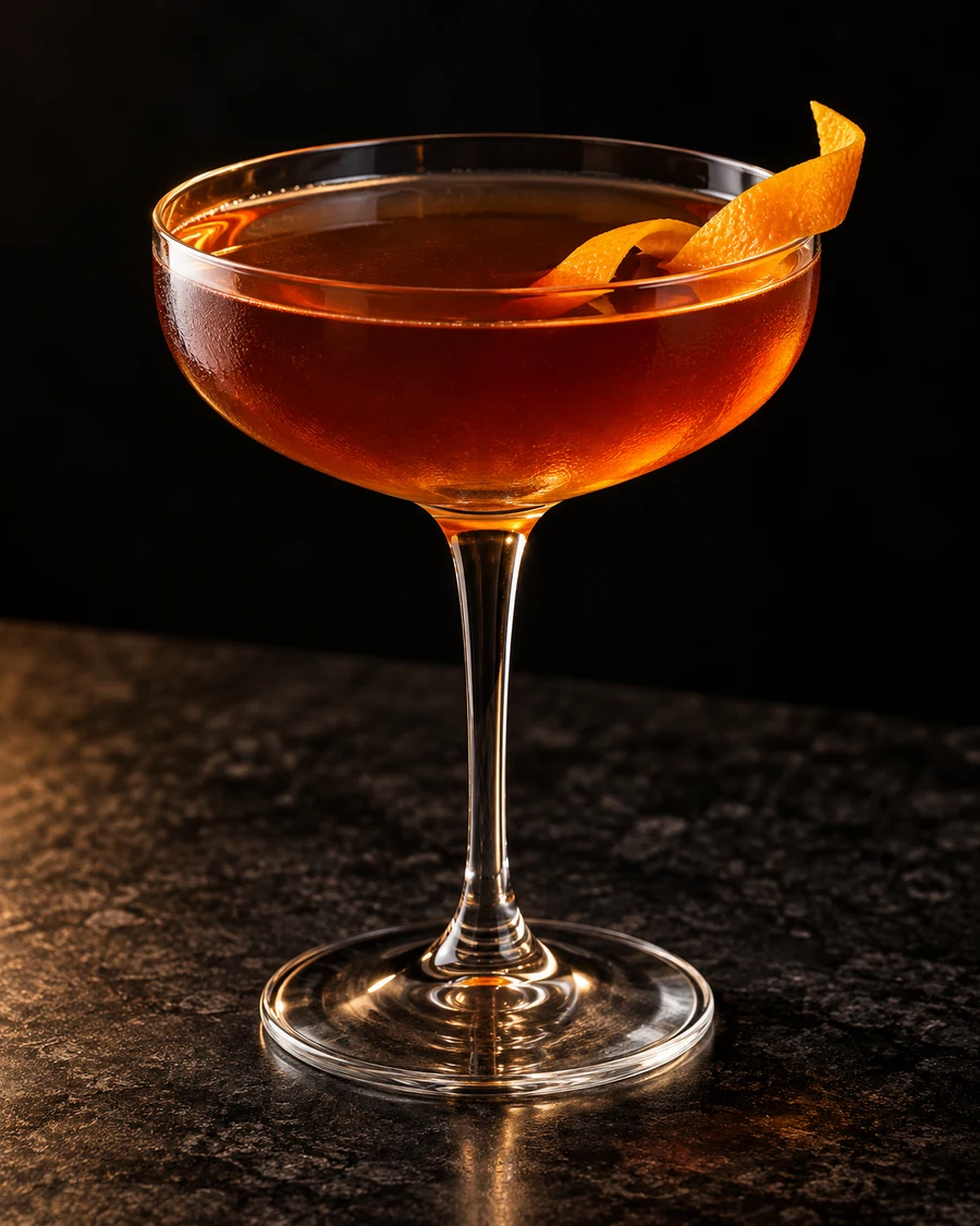 Working In A Coal Mine: Amber-brown drink in a coupe, orange twist and no serving ice.