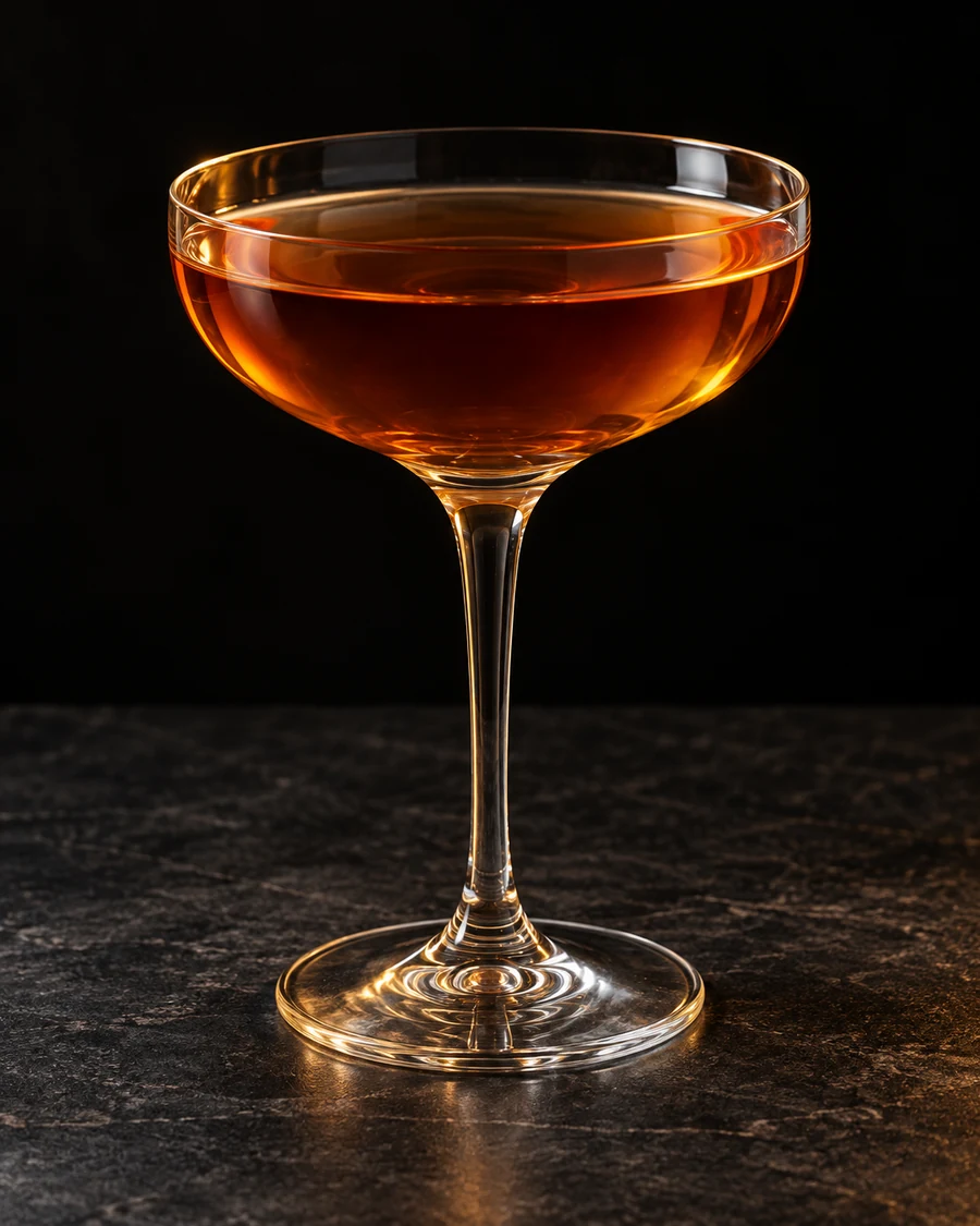 Xeres in a coupe, served without ice, ungarnished, against a black background.
