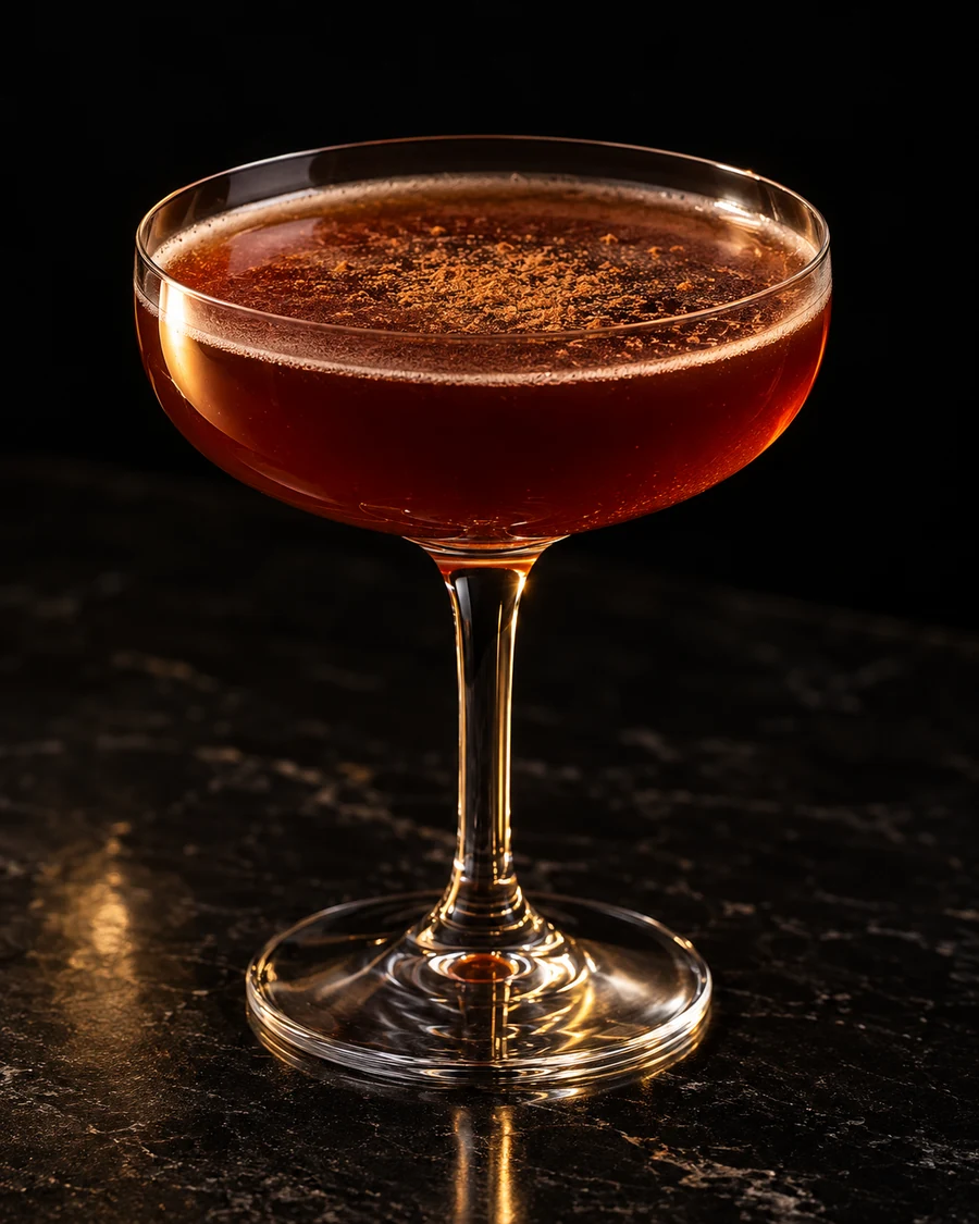 XVII Noir. Coupe glass with a deep reddish-brown brandy-wine drink, no ice and a light cinnamon dusting.
