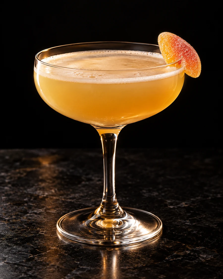 Yakima to Oaxaca. Coupe glass with a golden peach-mezcal drink, thin natural froth, no ice and a peach gummy candy.