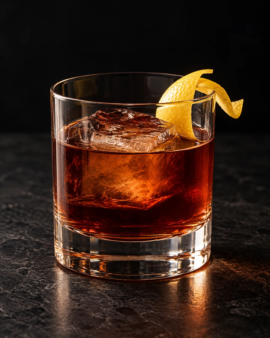 Year Of The Dragon: Deep amber cocktail in a rocks glass over one large ice cube, with a lemon twist.