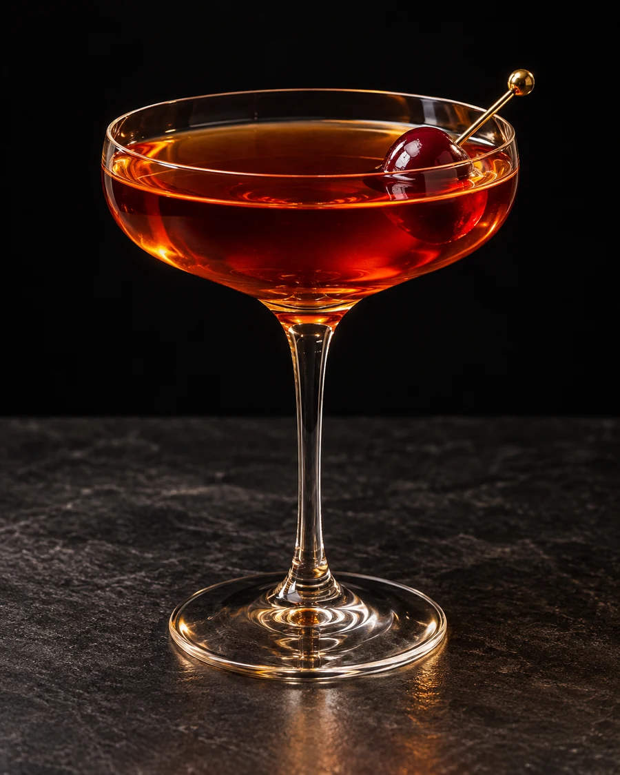 Young Man in a coupe, served without ice, garnished with cherry, against a black background.