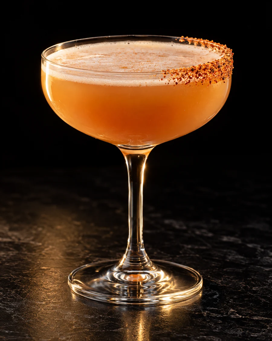 Yucatan Creamsicle. Coupe without serving ice, orange-amber citrus body with fine shake froth and Tajín half-rim; prep lime is absent.