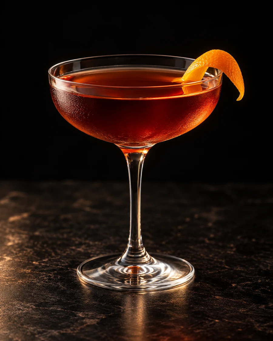 Zaza D'la Whore: Clear reddish-amber cocktail in a chilled coupe without ice, with an orange twist.