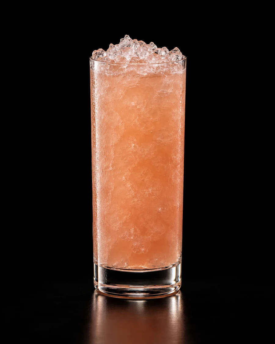 Zirbenz Swizzle in a collins, crushed ice for service, with no garnish, against a black background.