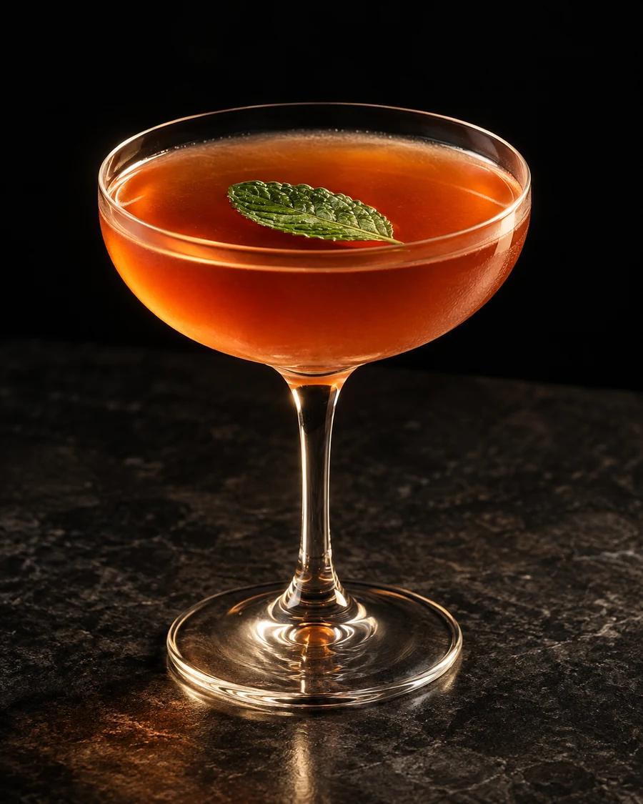 Zombie President: Amber-red drink in a coupe with one floating mint leaf and no serving ice.
