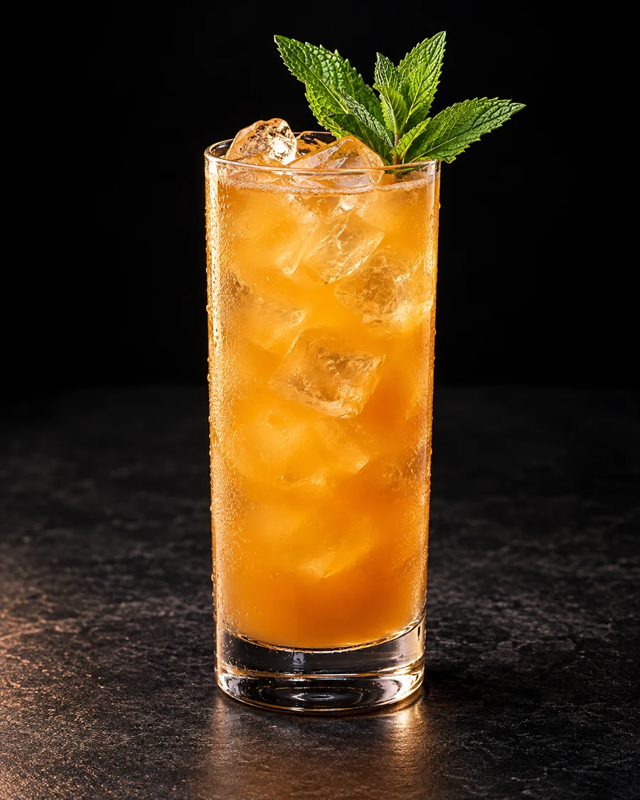 Zombie in a Collins glass, over fresh ice cubes, garnished with mint sprig, against a black background.