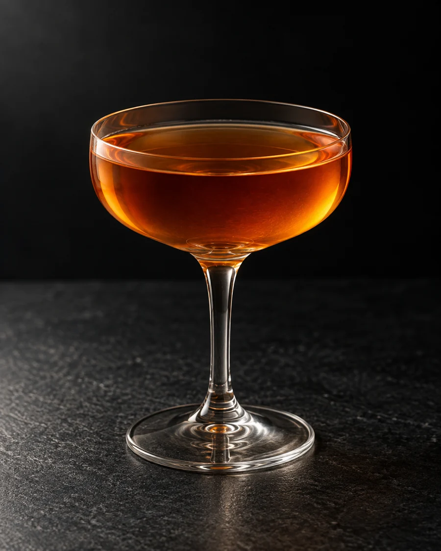 clear golden-amber Zummy in a small coupe without ice or garnish.